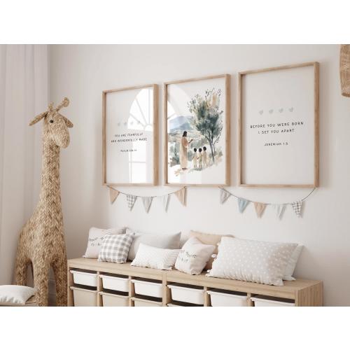 Set of 3 Christian Nursery Print Bible Verse Wall Art Neutral Nursery Decor Jesus Teaching Children Printable Fearfully and Wonderfully Made