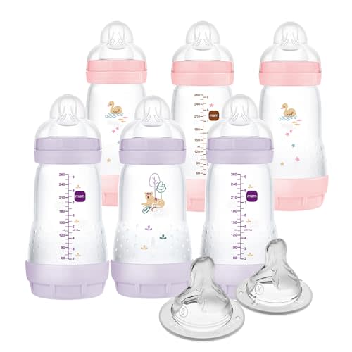 MAM 9oz Easy Start Anti-Colic Baby Bottle, Medium Flow with 2X Bonus Nipples, Breastfeeding-Like Silicone Nipple Bottle, Reduces Colic, Gas, & Reflux, Easy-to-Clean, BPA-Free, 2 Plus Months