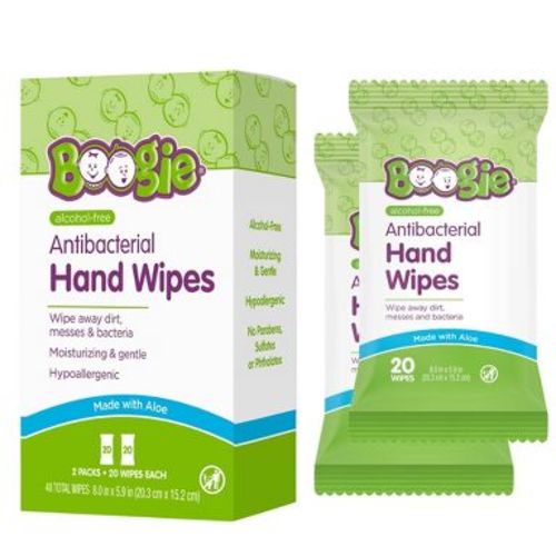 Boogie Wipes Antibacterial Alcohol Free & Hypoallergenic Hand Wipes for Kids and Adults - 40ct/2pk