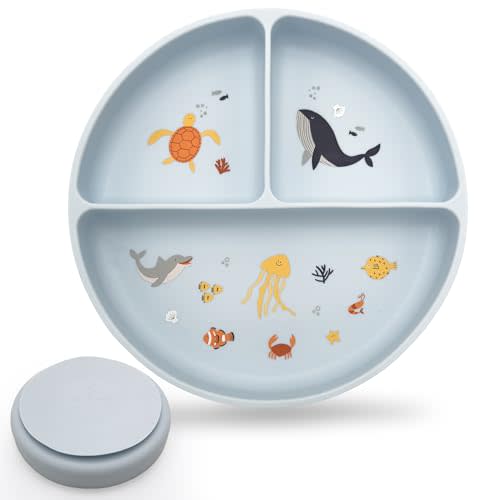 Silicone Suction Plates with Dividers - Grip Plates for Babies 6-12 Months and Toddlers 1-3, Toddler and Baby Dishes, Baby Led Weaning Essentials, Dishwasher Safe (Blue - Under the Sea)