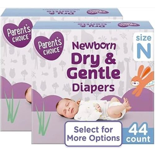 Parents Choice Dry & Gentle Diapers Size NB, 44 Count Pack of 2, Newborn, White