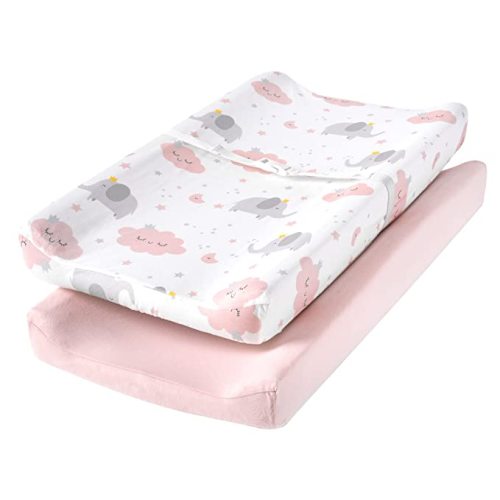 TILLYOU Changing Pad Cover Set in Soft Jersey Material - Fits 32"/34''x16" Contoured Pad for Babies,Elephant & Cloud, Pink - 2 Piece Assortment - 2 pack Pink