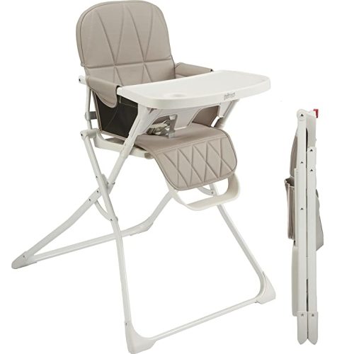 Primo PopUp Folding High Chair (for Baby Age 6 to 36 Months) Taupe Folding Beach Chair Style High Chair with Removable Dishwasher Safe Tray, 3pt Safety Harness, Leatherette Seat – Space Saving Design