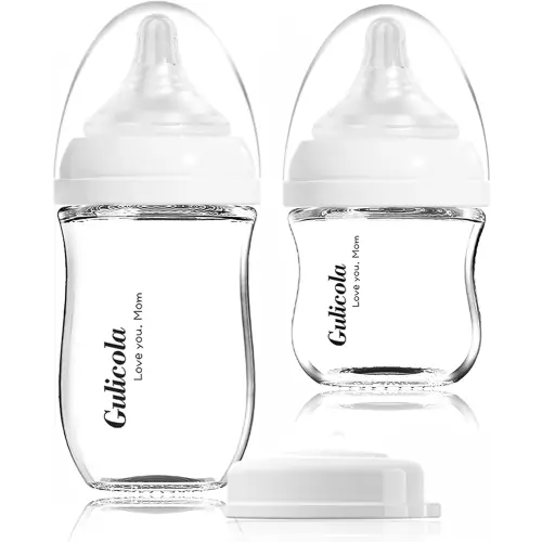 Gulicola Natural Glass Baby Bottle Newborn Set, 3 oz and 5 oz with Extra Slow Flow & Slow Flow Nipple, Anti Colic, 0-3 Months, 2 Pack - White