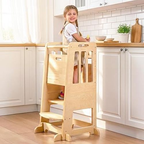 WINGYZ Toddler Tower - Anti-Tip Natural Wood Learning Stool Helper for Kids 18M-6Y, 150lb Capacity Kitchen Stool with 3-Height Adjustable Platform and Sliding Door Access, 20lb Portable Design, Wood