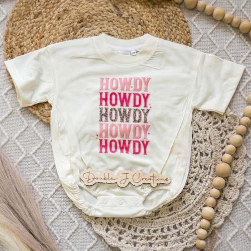 Howdy Leopard Pink Western Bubble Romper Bodysuit, Western Girl&#39;s Shirt, Country Oversized Baggy Romper, Howdy Kid&#39;s Tee, CPSC Compliant
