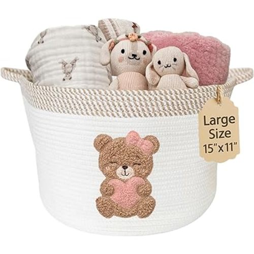 Pink Teddy Bear Storage Basket for Baby Girl Nursery – 15"x11" Cotton Rope Bin with Embroidered Bear Patch – Toy Organizer, Baby Laundry Hamper, Blanket & Diaper Holder – Foldable & Washable