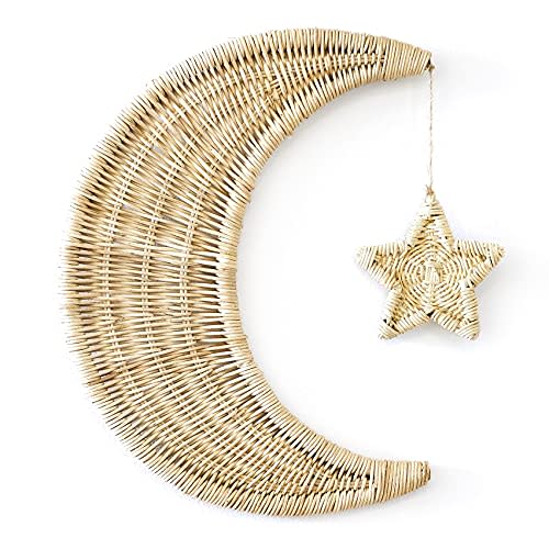 BEBE BASK Handmade Rattan Moon Wall Decor with Star - Star Decor - 100% Natural Organic Rattan Moon Decor for The Boho Home Decor