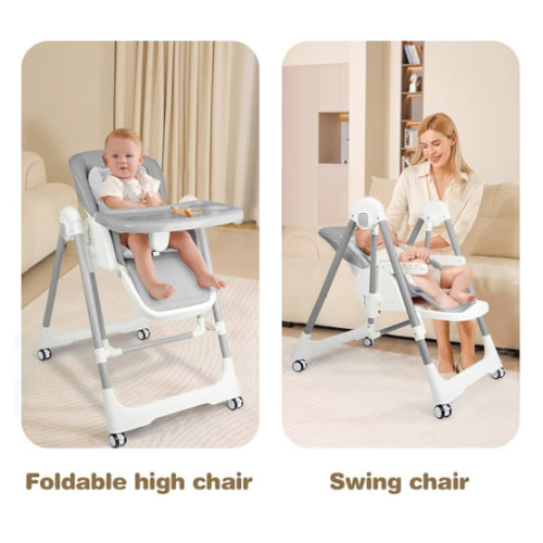 High Chairs for Babies and Toddlers Foldable High Chair Adjustable with Reclining Seat & Leg Rest, 3-in-1 Convertible Baby Swings with Tool-Free Assembly (Grey)
