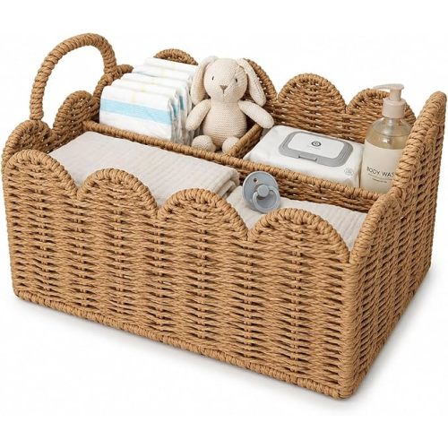 Diaper Caddy Organizer, Paper Rope Storage Baskets Nursery Bin with Removable Divider, Woven Scalloped Portable Car Organizer for Diapers, Baby Shower Gifts, Newborn Essentials Must Haves