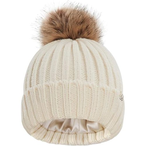 Hat Hut Toddler Beanie Satin Lined Beanie for Baby Winter Hats for Kids Pom Pom Beanie for Boys Girls