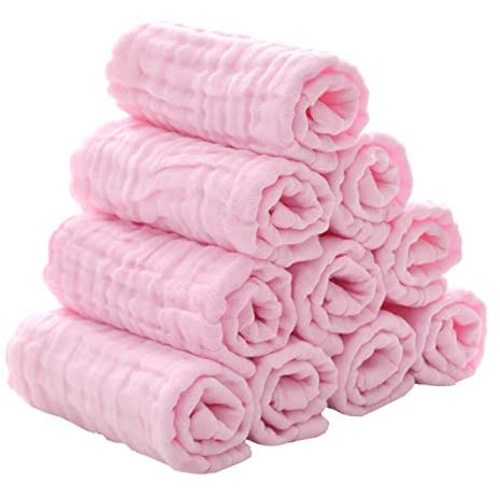 Baby Muslin Washcloths - Natural Muslin Cotton Baby Wipes - Soft Newborn Baby Face Towel for Sensitive Skin- Baby Registry as Shower, 10 Pack 12x12 inches by MUKIN (Pink)