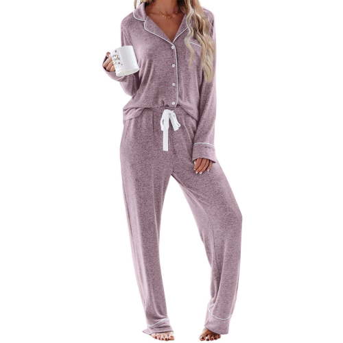 UVN Womens Pajama Sets Long Sleeve Top and Long Pants Soft Pjs Sleepwear Ladies Button Down Lounge Set