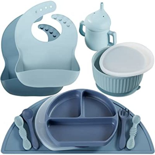 Lehoo Castle Kids Plates and Bowls Sets, 5 Piece Baby Feeding Set - Blue