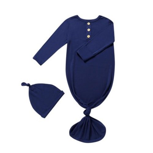 Tao Tao Newborn Baby Boys Girls Knotted Gown Hat Set Soft Bamboo Viscose Infant Sleeper Baby Sleep Gown with Mittens Dark Blue 3 Months