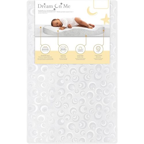 Dream On Me 2-in-1 Breathable Two-Sided 3" Portable Mini Crib Mattress, Greenguard Gold Certified, Vinyl and Breathable Fabric, White