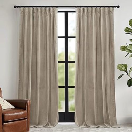 RYB HOME Camel Beige Velvet Curtains with Hook Tape, Thermal Insulated Privacy Protect Decorative Drapes for Home Theater, W 42 x L 84 inches, 2 Panels Set