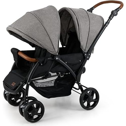 INFANS Double Stroller, Foldable Baby Tandem Stroller with Djustable Backrest Canopy Footrest, 5-Point Harness, Storage Basket, Convertible Compact Twin Stroller for Infants and Toddlers (Light Grey)