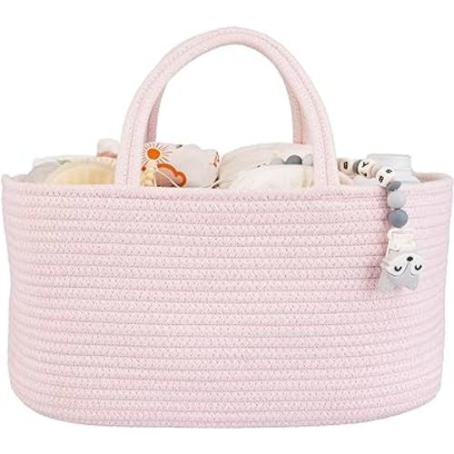 Large Baby Diaper Caddy Organizer for Girl Boy Rope Nursery Storage Bin Basket Portable Holder Tote Bag for Changing Table Car Travel Baby Shower Gifts Newborn Essentials Registry Must Haves Pink