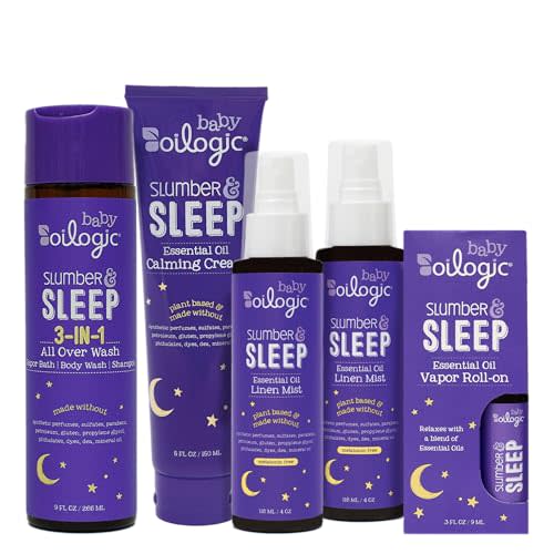 Oilogic Slumber & Sleep Baby Bath Essentials Gift Set, 5-Pack - Essential Oil Care Includes Roll-On, Calming Cream, Vapor Bath, and Two Linen Mist - Relaxing Lavender & Chamomile