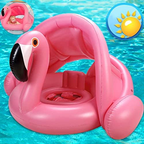 Flamingo Baby Swimming Ring with UPF 50+ Canopy Back Holder Never Flip, Inflatable Baby Pool Float Sunshade for Infant Kids Boys Girls Toddlers Summer Outdoor Beach Water Toys