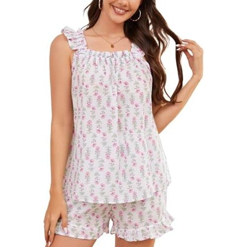 Flygo Floral Pajamas Set for Women 2 Piece Lounge Set Ruffle Cami Top and Shorts Pj Set Sleepwear
