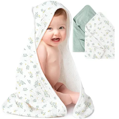 Konssy 2-Pack Muslin Hooded Baby Towels, 100% Cotton, Ultra-Soft & Absorbent Baby Bath Towels with Hood for Newborn & Infant (Green, Leafy,32" x 32")