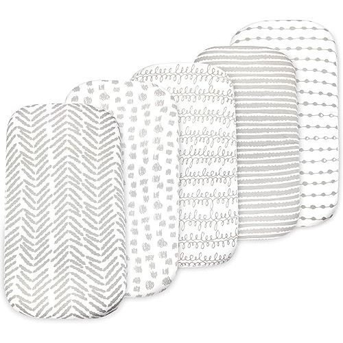 Baby Bassinet Sheet Set for Boy and Girl, 5 Pack Organic Cotton Universal Fitted Bedding Cover for Oval, Hourglass & Rectangle Bassinet Mattress, Fitted Sheets Size 32 x 16 x 4 Inches
