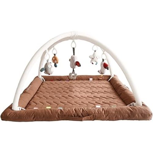 Play Gym with 5 Sensory Toys, Thick & Plush Playmat for Floor, Tummy Time Mat, Convertible Stage-Based Development from Baby to Toddler (GoldenBrown)