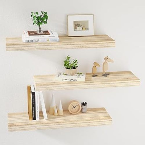 Floating Wall Shelves with Brackets - Hanging Wood Shelves for Bedroom, Laundry, Living Room - Solid Wood Decor, 17 Inch