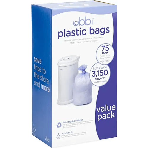 Ubbi Diaper Pail Plastic Bags, Disposable Baby Waste Bags, 3 Pack, 75 Count, 13-Gallon Bags