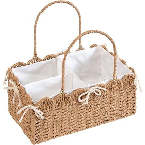 Large Baby Diaper Caddy, Brown Paper Rope Storage Basket with Handles, Portable Nursery Organizer with Removable Divider for Diapers, Wipes, Baby Essentials (Brown)