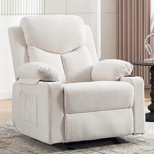 Manual Rocker Recliner Chair for Adults with Vibration Massage,Glider Rocking Recliner Chairs for Living Room Bedroom Overstuffed Soft Reclining Sofa Chair with Pockets and Cup Holds (Beige)