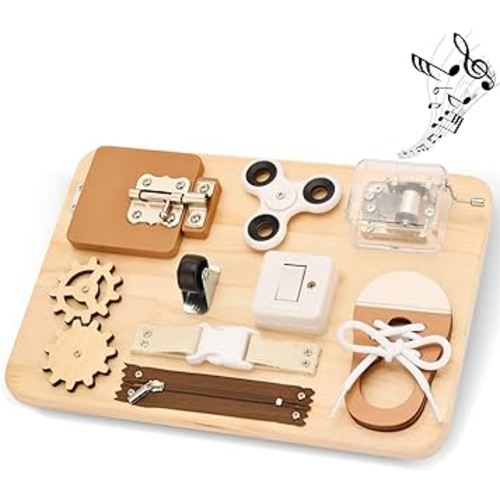 Busy Board Toddlers - Montessori Educational Fidget Toys for baby 1 2 3 4 Years Old - Wooden Sensory Toys Autistic Children - Preschool Learning Activities Fine Motor Skills – Travel Toy