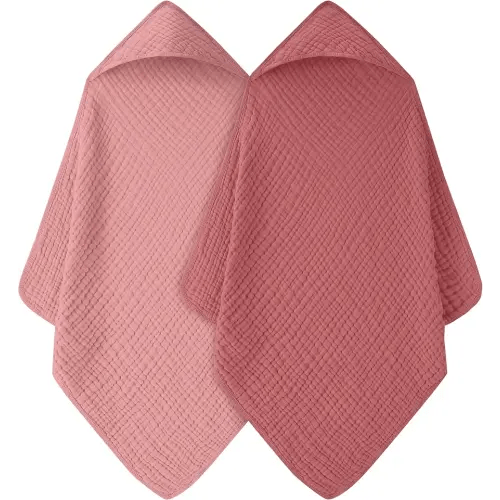 Baby Bath Towels, 100% Muslin Cotton Hooded Baby Towels Girl for Newborn, 2 Pack Pink Baby Towels with Hood for Infant Toddler and Kids, Large 32x32Inch, Soft and Absorbent