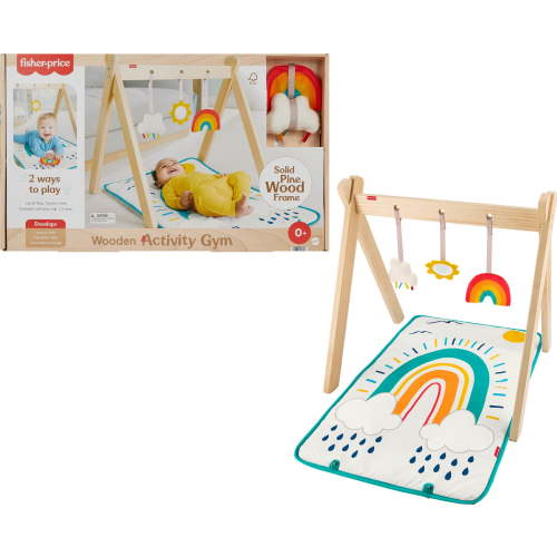 Fisher-Price Wooden Activity Gym, Wood Frame with 3 Sensory Toys & Mat for Newborn Babies