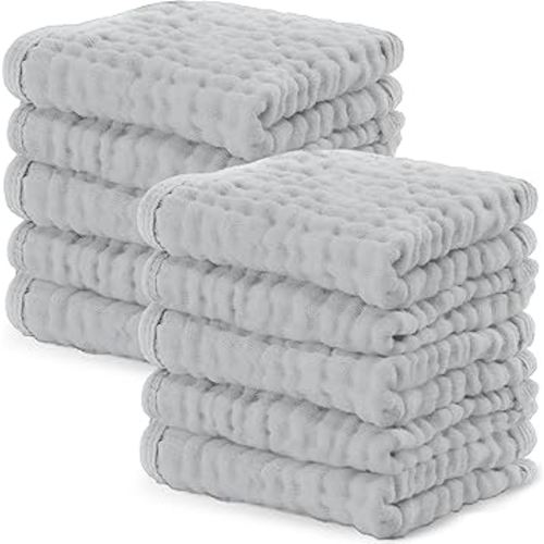 Comfy Cubs Muslin Baby Washcloths 10 Pack - Soft 6-Layer Cotton Wash Cloths for Sensitive Skin - 10"x10" Large, Gentle, Absorbent Infant Essentials for Newborn and Toddlers - Heather Blue