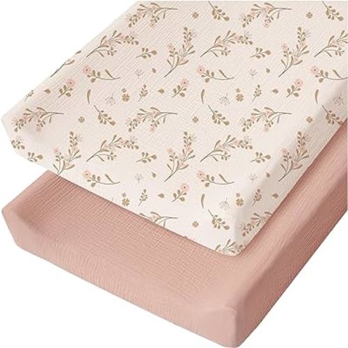 Konssy 2 Pack Muslin Changing Pad Cover for Baby Girls Boys 100% Cotton Fitted Diaper Changing Table Cover Set, Soft Changing Pad Sheets (Floral, Pinkl)