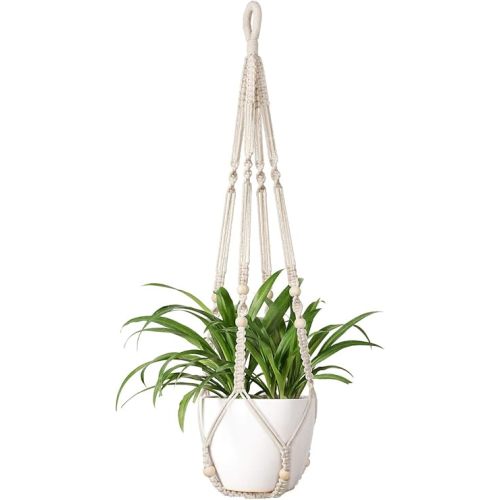 Mkono Macrame Plant Hanger Indoor Hanging Planter Basket with Wood Beads Decorative Flower Pot Holder No Tassels for Indoor Outdoor Boho Home Decor 35 Inch, Ivory, Set of 1 (POTS NOT Included)