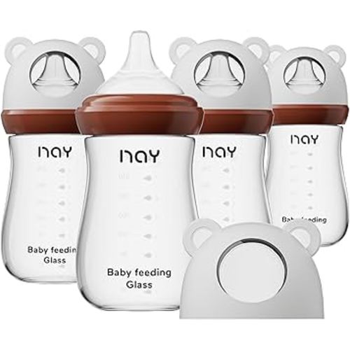 Natural Glass Baby Bottle for Breastfeeding Babies, 8oz Anti-Colic Baby Bottle with Natural Response Nipple(M), Clear, Wide Neck, 4 Pack, 3 Months+