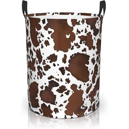 Western Cow Print Brown Laundry Basket Foldable With Handles Funny Animal Tote Bag Oxford Cloth Laundry Hamper Clothes Storage Bucket Toy Organizer For Bathroom Laundry Bedroom Decor 18.9"x16.5"