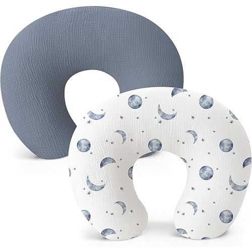 Konssy 2-Pack Muslin Nursing Pillow Covers, Soft & Adorable Nursing Covers for Breastfeeding Pillows, Slipcovers for Newborn Boys & Girls(Dark Gray, Planet)