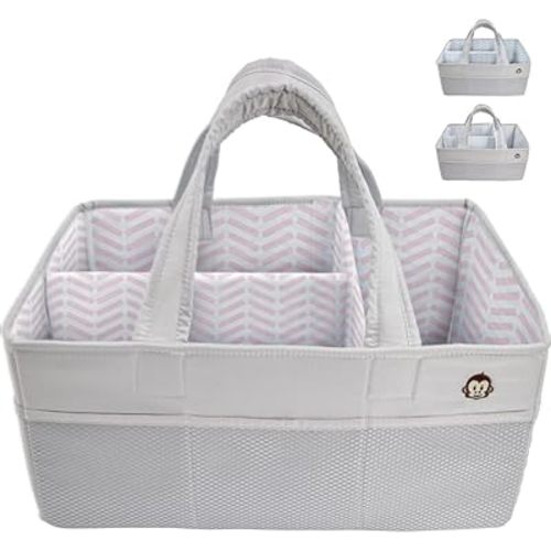 MIGHTY MONKEY Oversized Stain Resistant Baby Diaper Caddy Organizer with Handle, Adjustable Mesh Storage Bin Compartments for Diapers, Baby Wipes, Newborn Changing Table Nursery Essentials, Gray Pink