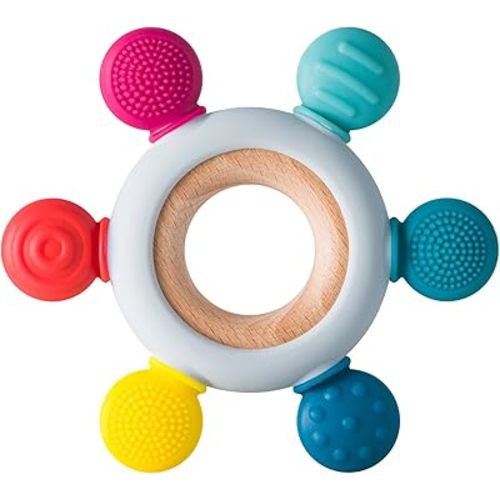 Baby Teething Toys Silicone Teethers BPA Free Silicone Rudder with Wooden Ring Soothe Babies Gums (Rainbow)