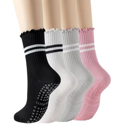 Yawlsow Pilates Socks for Women Cute Ruffle Yoga Socks Frilly Barre Non Skid Athletic Crew Grip Sticky Socks Workout Hospital