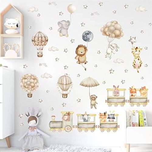 Cartoon Animal Wall Decals - Hot Air Balloon, Star, Moon, Cloud Wall Stickers - Colorful Balloon, Cute Train Animals - Nursery, Kids, Baby Room Decor