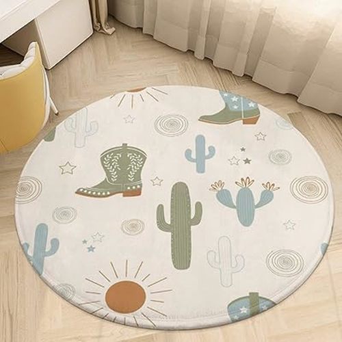 MoBlinko Cowboy Boots Cactus Round Area Rug Western Circle Rug Carpet Circular Rugs Non Slip Mat for Kitchen Living Room Bedroom Decoration 3 Ft