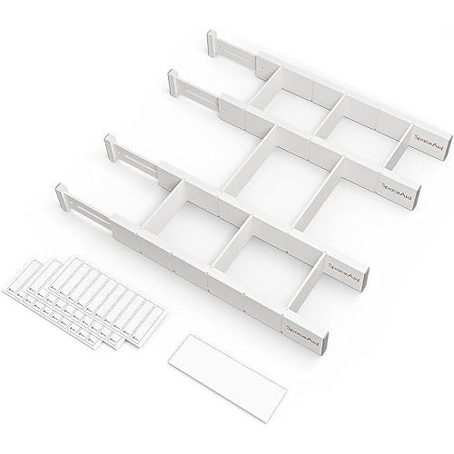 Drawer Dividers with Inserts and Labels, Kitchen Adjustable Drawer Organizers, Expandable Organization for Home, Office, Dressers, 4 Dividers with 9 Inserts (17-22 in, White)