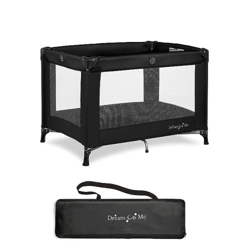Dream On Me Nest Portable Playard in Black with Carrybag an Shoulder Strap, Lightweight, Packable and Easy Setup Baby Playard, Breathable Mesh Sides and Soft Fabric - Comes with a Removable Padded Mat