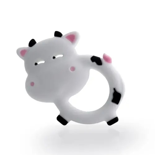 Baby Cow Teething Toy for 3-12 Months Soft Chewable Infant Teething Ring Cute Shape Design with Textured Surface Easy-to-Hold & Easy Clean (White)